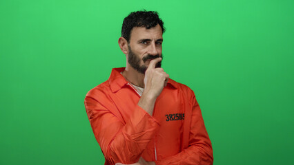 Hispanic man with beard in orange prison jumpsuit stands thoughtfully against a vibrant green...