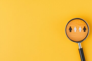 Magnifying Glass Over Wooden Surface with Human Figures on Yellow Background