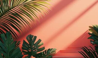 Tropical Leaves Against Coral Wall with Light and Shadows