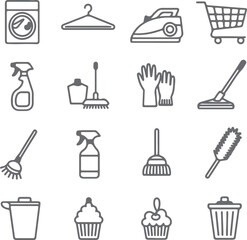 Gray Silhouette Icons Set Laundry Cleaning Supplies Shopping Cart Cupcakes Trash Cans Broom Mop Spray Bottle Gloves Hanger Iron Washing Machine