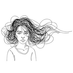 Vector line art of a young woman with tangled hair and a somber expression, illustrating emotional overwhelm and mental strain