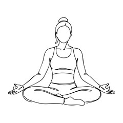 Vector line art of a woman practicing yoga in a seated lotus position, symbolizing mental clarity and inner peace