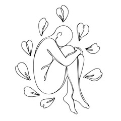 Vector line art of a curled figure surrounded by falling petals, symbolizing deep sadness, grief, and emotional vulnerability
