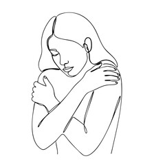 Vector line art of a woman hugging herself with eyes closed, expressing self-love and emotional healing