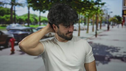 Young man with beard outdoors holding sore neck on sunny street background suggesting discomfort or...