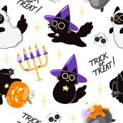 Seamless pattern with hand drawn cute Halloween cats and elements isolated.