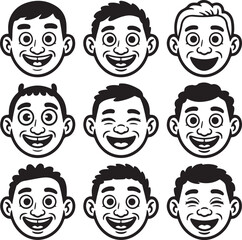 Nine Black and White Cartoon Silhouettes of Smiling Male Faces with Varied Hairstyles and Expressions