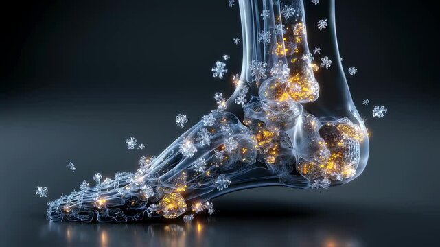 Medical animation showing uric acid crystals, depicted as bright snowflakes, accumulating in the ankle joint, causing inflammation and pain, a common symptom of gout