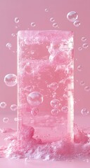 Pink translucent rectangular block surrounded by bubbles and a cloud of pink foam