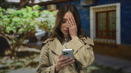Woman using smartphone on urban street appearing stressed with a tree in background displaying...