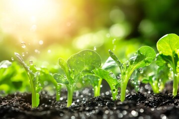 Young vegetable plant sprouting in organic raised garden bed