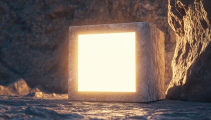 Illuminated stone cube nestled in a rocky landscape
