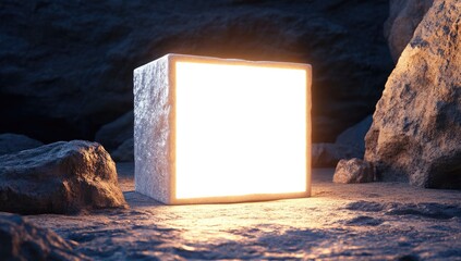 Luminous cube nestled in a rocky cave