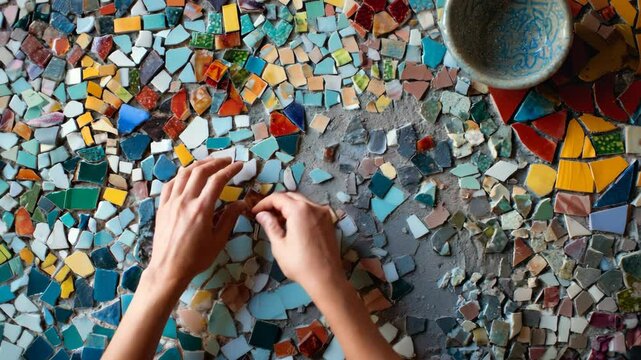 Hands arranging colorful mosaic tiles