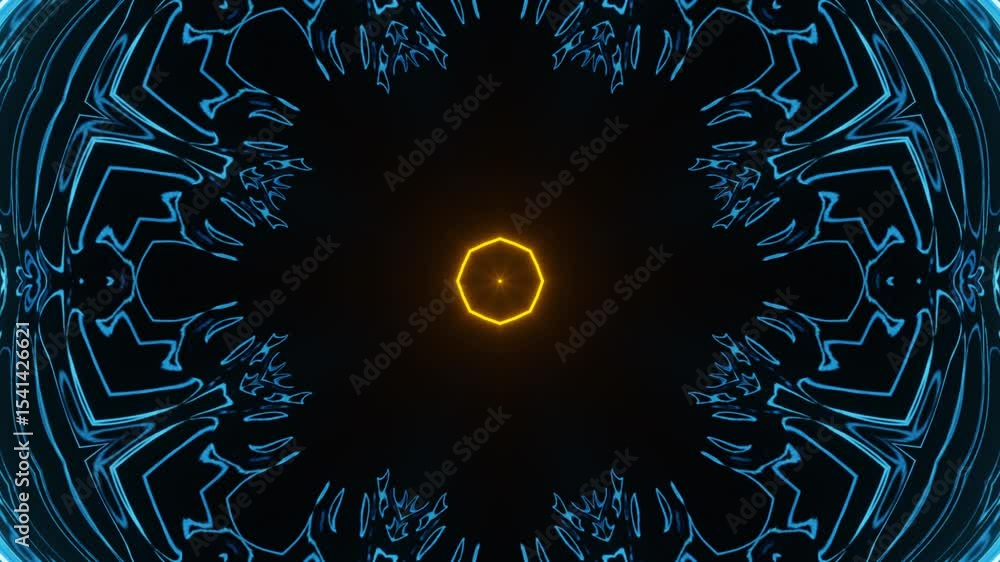 Poster looping neon kaleidoscope with central symmetry. animated neon line kaleidoscope in seamless loop on