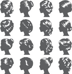 Sixteen Gray Female Head Silhouettes Profile Views Diverse Hairstyles Updos Buns Curly Wavy Straight Hair Collection