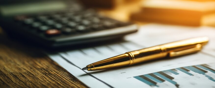 The gold pen resting on financial documents with a calculator in the background.