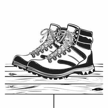 Hiking boots on wooden surface suggest readiness for outdoor adventure image vector.