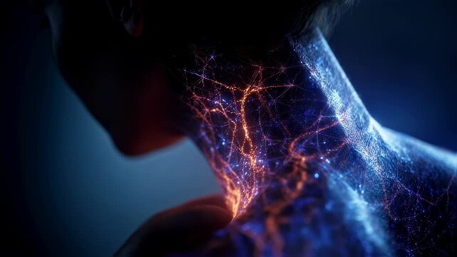 Medical visualization displaying glowing lymphatic system in human neck, highlighting effects of dengue virus infection, causing capillary leak and inflammation