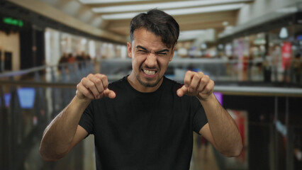 Young hispanic man making claw gesture and playful roar in indoor retail mall environment with...