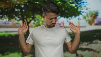 Young hispanic man in white shirt standing outdoors in a green park with an expression of...