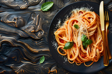 Contemporary pasta styling with natural stone elements
