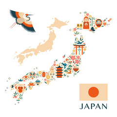 Japan Travel Map Poster with Japanese Icons