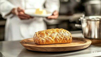 A golden-brown, intricately patterned pastry loaf sits on a wooden platter in a professional kitchen.  Chef's hands, in white uniform, hold a plate of butter in the background