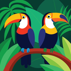 Two vibrant toucans on a tree branch in a tropical setting
