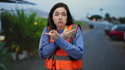 Woman wearing orange vest standing outdoors on street pointing incredulously, brunette volunteer...