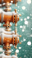 Snow Covered Industrial Valves in Teal Bokeh Setting