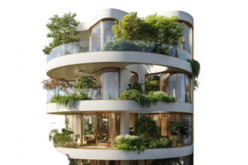 Modern, spiral apartment building with abundant greenery