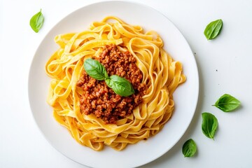 Tagliatelle pasta with Bolognese sauce, neatly swirled on a round white ceramic plate, garnished with fresh basil on top.