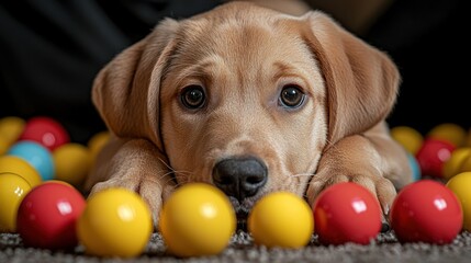 Cute golden puppy surrounded by colorful balls