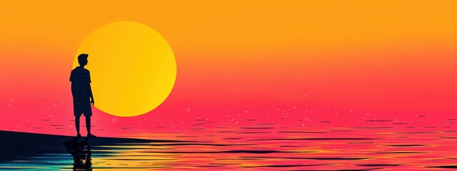 Solitary Figure at Sunset Yellow Sun, Glitch Water, and Silhouette