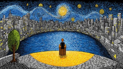 Solitary Figure Contemplating Night Cityscape Under Starlit Sky