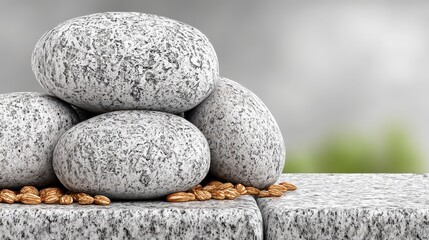 Speckled Gray Stones Stacked on Granite Surface with Brown Seeds