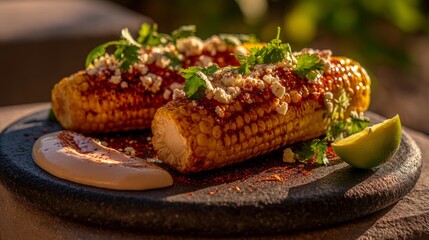 Charred corn with cream and herbs on rustic platter for a summer barbecue
