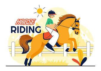 Horse Riding Vector Illustration Featuring Practicing Horseback Riding or Equestrian Sports in a Green Field with Flat Style Cartoon Background