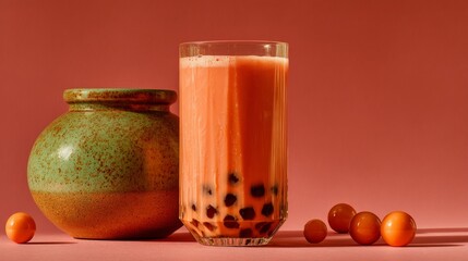 Orange bubble tea with tapioca pearls and ceramic vase on pink background