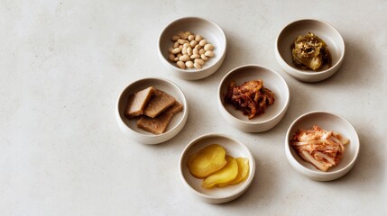 Flat lay composition of diverse fermented foods for culinary inspiration