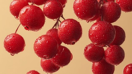 Levitation of fresh red cranberries with water droplets in macro style