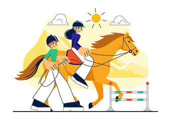 Horse Riding Vector Illustration Featuring Practicing Horseback Riding or Equestrian Sports in a Green Field with Flat Style Cartoon Background