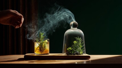 Smoky glass dome unveiling refreshing summer cocktail presentation