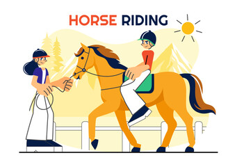 Horse Riding Vector Illustration Featuring Practicing Horseback Riding or Equestrian Sports in a Green Field with Flat Style Cartoon Background