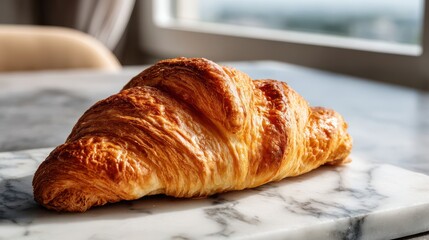 A golden brown croissant sits invitingly on a marble surface in a sunlit setting, showcasing its flaky layers and tempting aroma near a bright window space.