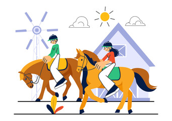 Horse Riding Vector Illustration Featuring Practicing Horseback Riding or Equestrian Sports in a Green Field with Flat Style Cartoon Background