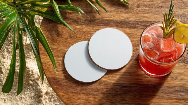 Beachfront vibes with white round coasters on wooden table for summer decor