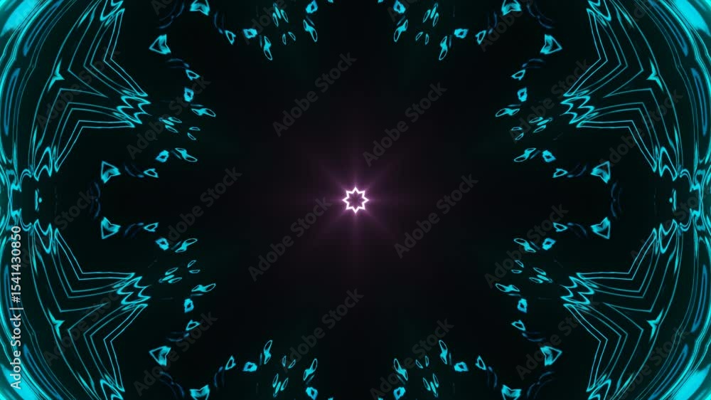 Poster geometric neon kaleidoscope loop with bright lines. seamless glowing neon line animation forming kal