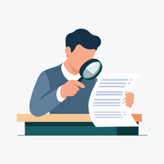 Flat faceless character analyzing a document using a magnifying glass. Perfect for business, research, audit, and office work themes.